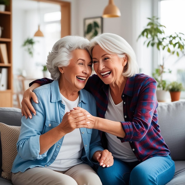 Photo appy excited senior mom and adult daughter woman having fun at home hugging with heads touch sitting on sofa