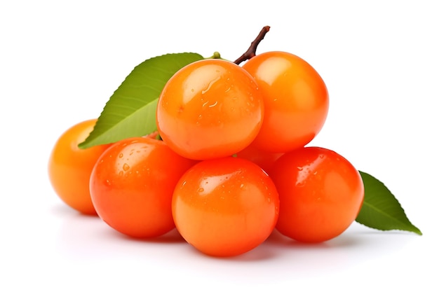 apricots with green leaves isolated on white background