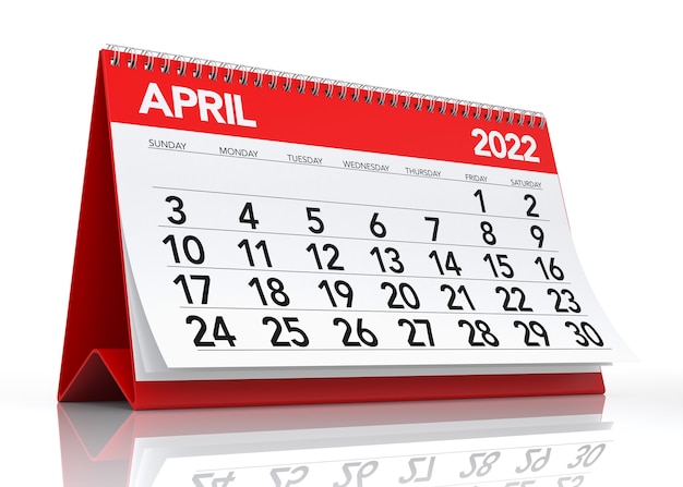 April 2022 Calendar. Isolated on White Background. 3D Illustration