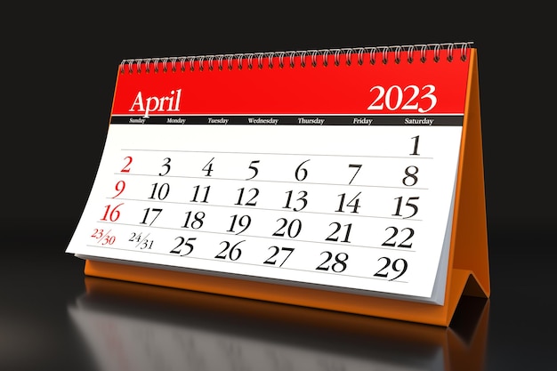 April 2023 Calendar Isolated on Black Background 3D Illustration