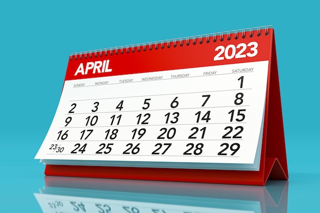 April 2023 Calendar Isolated on Blue Background 3D Illustration