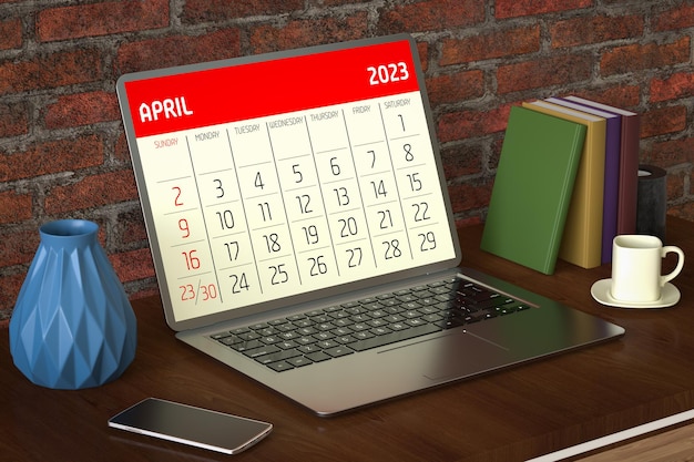 April Calendar 2023 Planning Schedule Laptop Computer Office Desk 3d Rendering