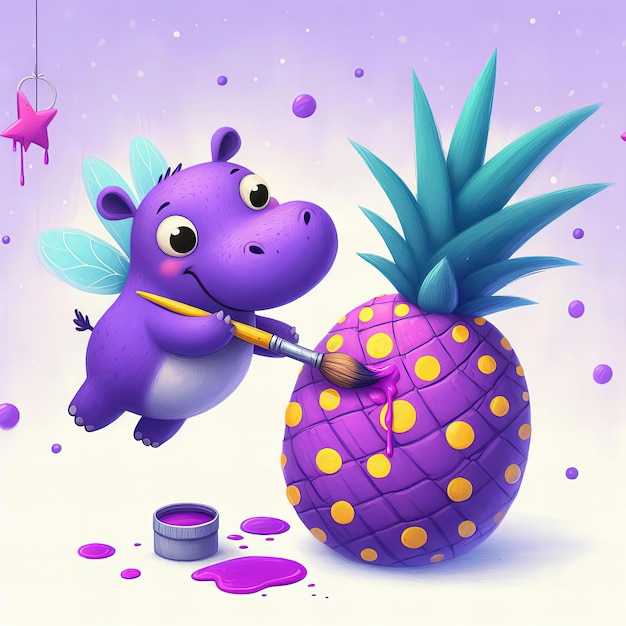 Apurple hippo is painting a pineapple with a brush