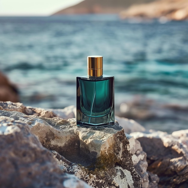 A aqua perfume bottle on a rock 1