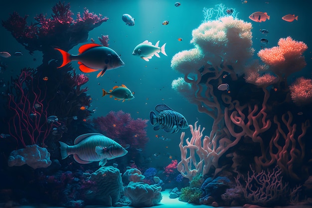 Aqua scene with corals and many fish on blue underwater background Neural network generated art