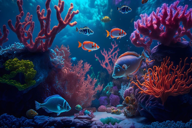 Aqua scene with corals and many fish on blue underwater background Neural network generated art