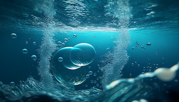 Aqua texture with air bubbles ripple in the ocean at the surface of the water in the background