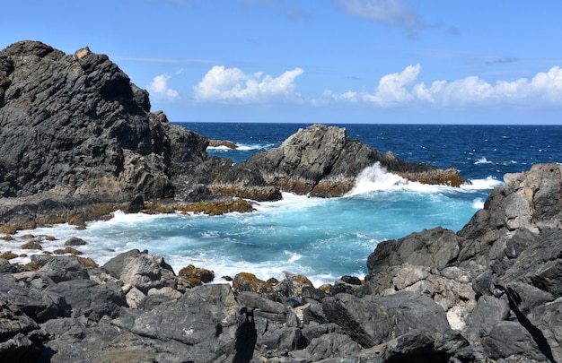 Aqua waters in a cove along the coast of Aruba on a beautiful day