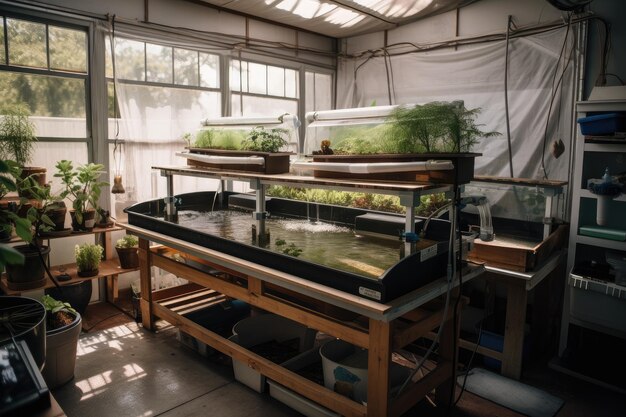 Aquaponics setup with fish tank grow beds and system controls created with generative ai