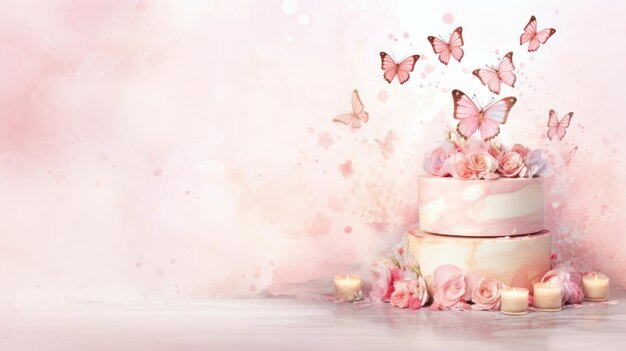 Aquarelle illustration of cake with butterflies and flowers on pastel peach pink background Art for special occasions Great for social media posts or event invitations Banner with copy space