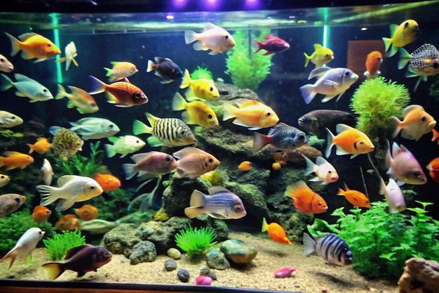 Aquarium fish thrive in lush aquarium setups with vibrant fish species and decor