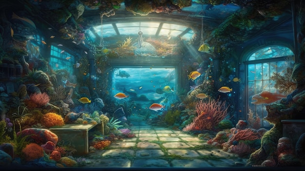 The aquarium is a painting of a fish tank.