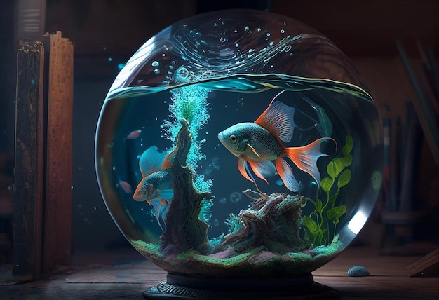 An aquarium with a goldfish in it in the style of hyperrealistic illustrations Generative AI