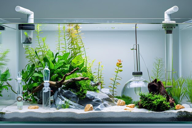 Aquarium with Lush Greenery Driftwood and Rocks