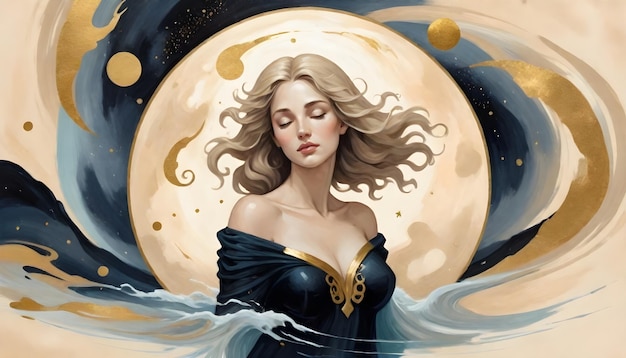 Aquarius zodiac sign a woman in a black dress is standing in front of a full moon