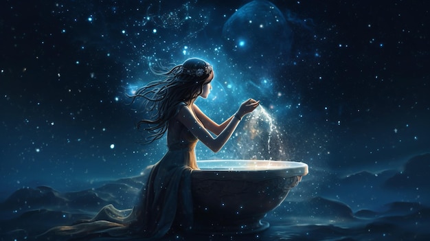 Aquarius Zodiac star sign wallpaper background illustration design water girl sky Generative AI