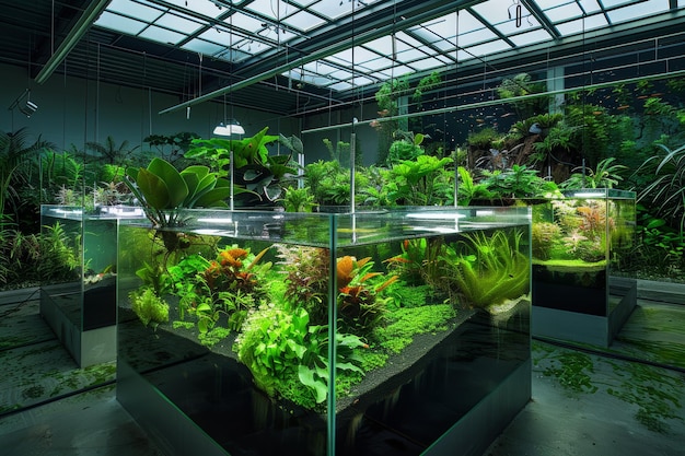 Aquascaping Greenhouse with Vibrant Aquatic Plants and Fish Tanks for Underwater Ecosystem Displays