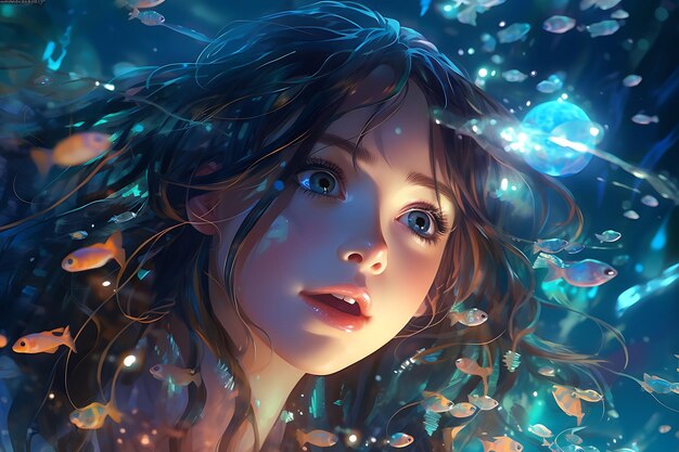 Aquatic Luminescence Anime Girl's Underwater Radiance