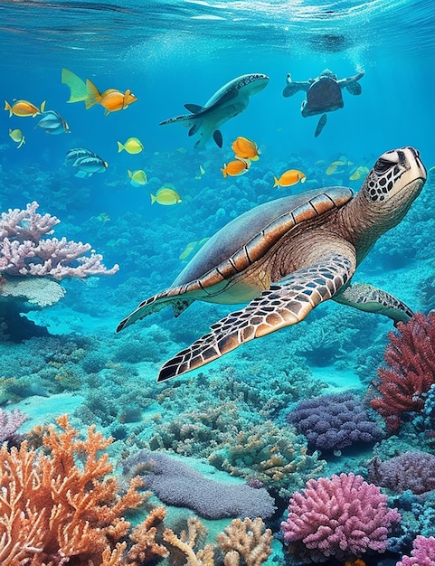 An aquatic oasis of coral gardens vibrant fish and majestic sea turtles ai image