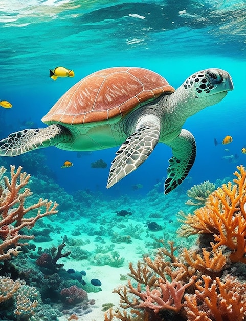 An aquatic oasis of coral gardens vibrant fish and majestic sea turtles ai image