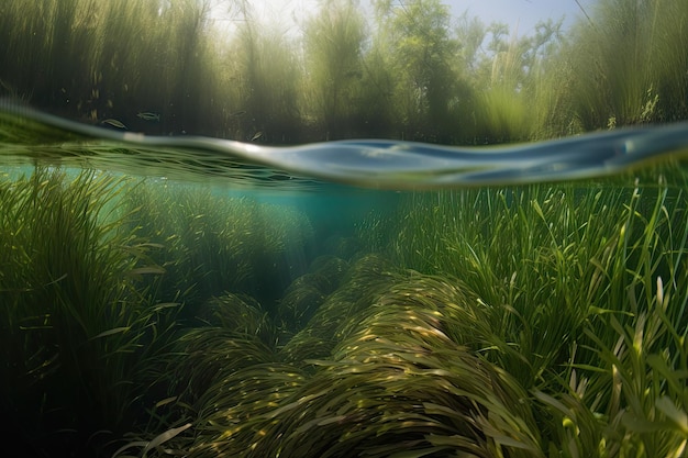 Aquatic plants and seagrasses swirling in current of river created with generative ai