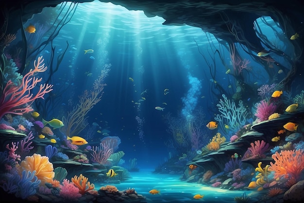 Aquatic Symphony Underwater Ocean Scene Background a Mesmerizing Ballet of Marine Life and Submerged Beauty Immersed in Tranquil Depths Generative AI