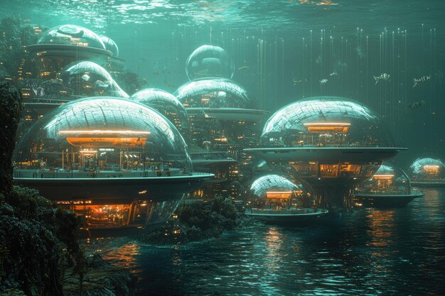 Photo aquatic utopia futuristic underwater city of transparent domes teeming with marine life