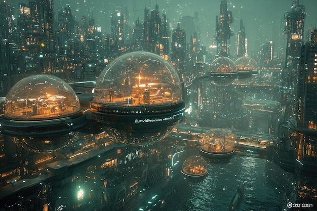 Photo aquatic utopia futuristic underwater metropolis with transparent bubble domes and advanced transport system