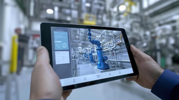 Photo ar tablet with robotic arm in smart factory