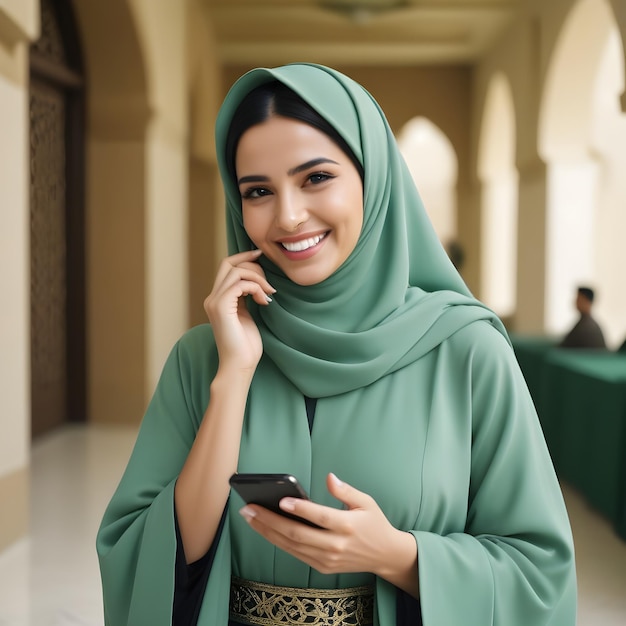 Arab abaya woman happy using mobile phone excited smile Saudi or Emirati businesswoman