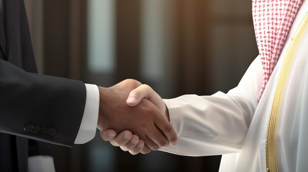 Arab businessman shaking hands and making a deal in the office closeup High quality photo