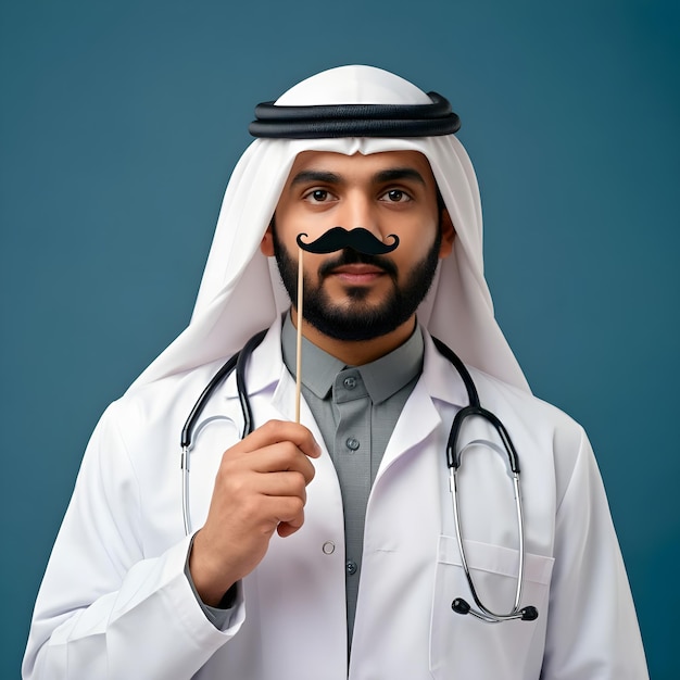 Arab doctor on International Mens Day wearing a stethoscope and holding paper mustache