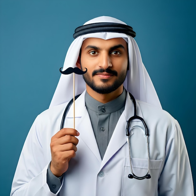 Arab doctor on International Mens Day wearing a stethoscope and holding paper mustache