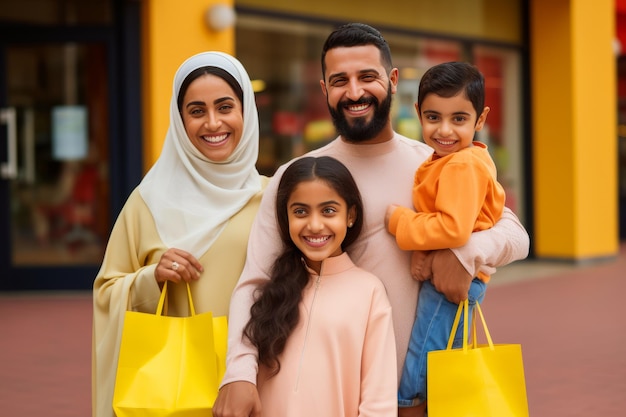 Arab family joyfully poses with shopper bags highlighting family and fashion