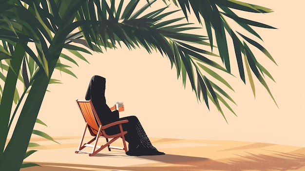 An Arab Girl Enjoying Coffee Under the Palm Tree Shadows on a Serene Beach During Summer