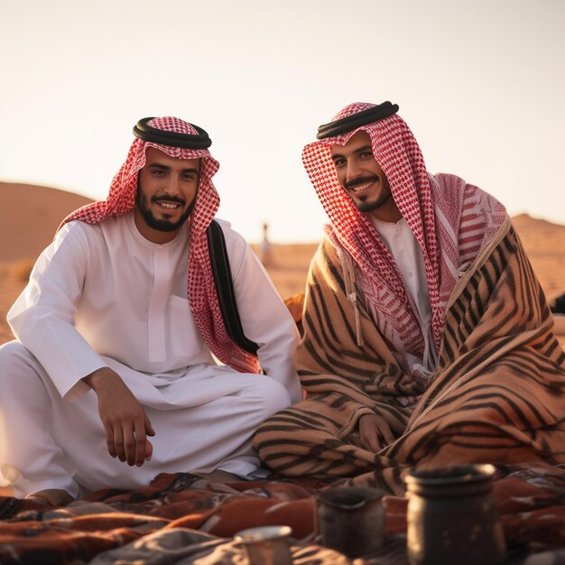 Photo arab gulf sheikh saudi man sit in desert sahara arabian guy people in traditional clothes drinking