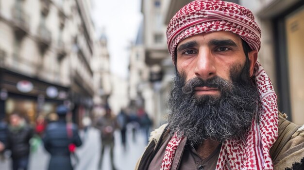 Photo arab man in traditional attire donning keffiyeh and kandura navigates city street ai generated