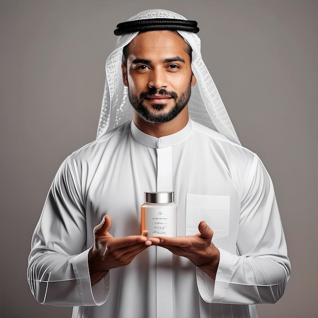 Arab man wearing white cloak holding cream bottle in his hand