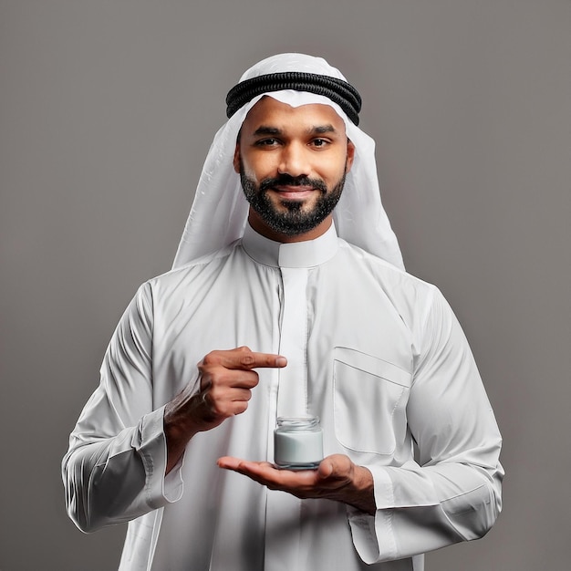 Arab man wearing white cloak holding cream bottle in his hand