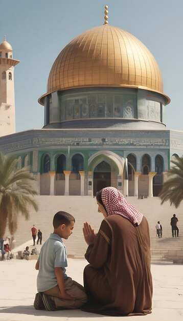 Arab Palestine diverse grandparents Illustration praying happy with children