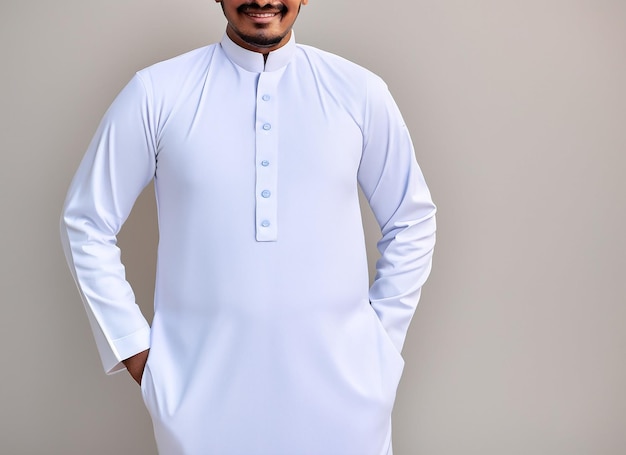 Arab saudi man in white galabiya outfit hand advertising positions stylish fashion concept ad