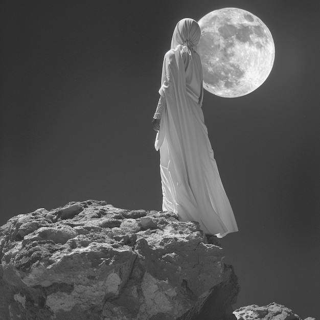 Photo an arab woman in a white dress standing on a rock under a full moon