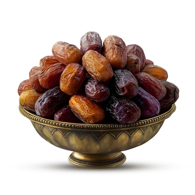 Arabian dates in a golden bowl on a white background