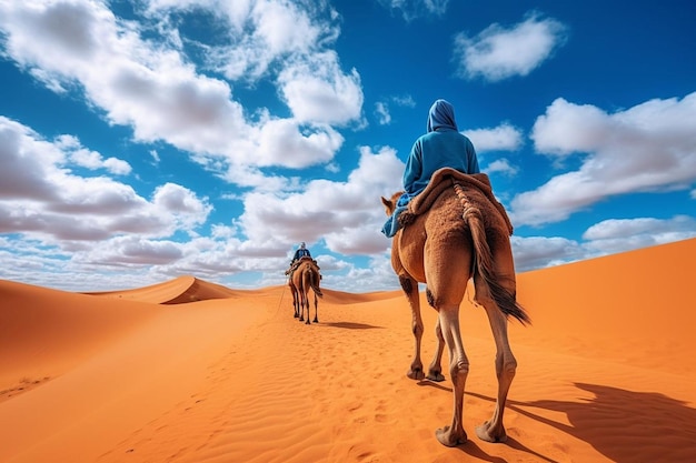 Arabian guy riding a camel in the dunes in the sahara morocco