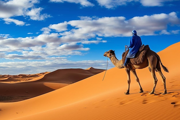 Arabian guy riding a camel in the dunes in the sahara morocco