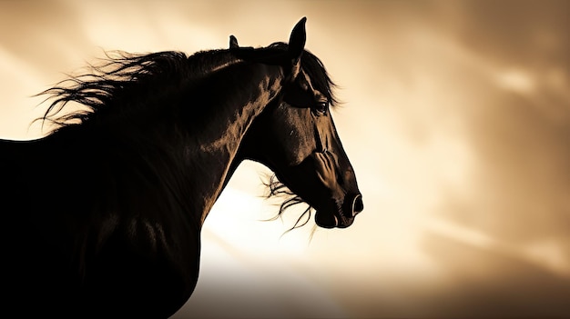 Arabian horse silhouette against sunrise in black and white