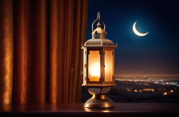 Arabian Lantern and moon on a background of the night city Ramadan Kareem