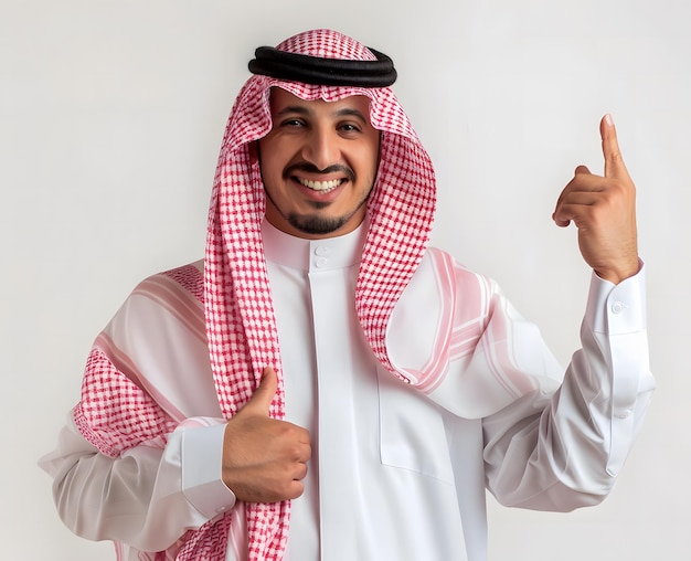 arabian man standing pointing to the blank right side with his hand isolated in solid background