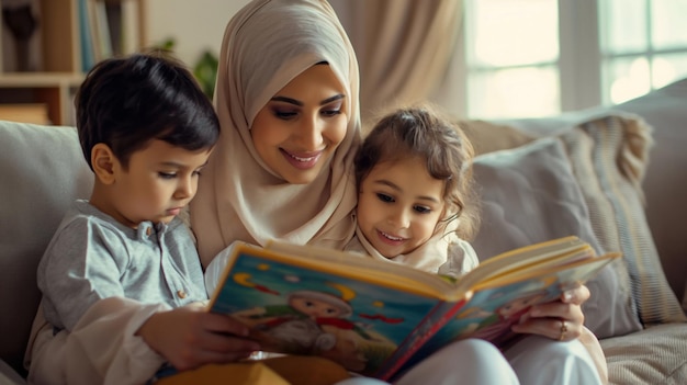 An Arabian muslim young mother reads childrens book to her two kids