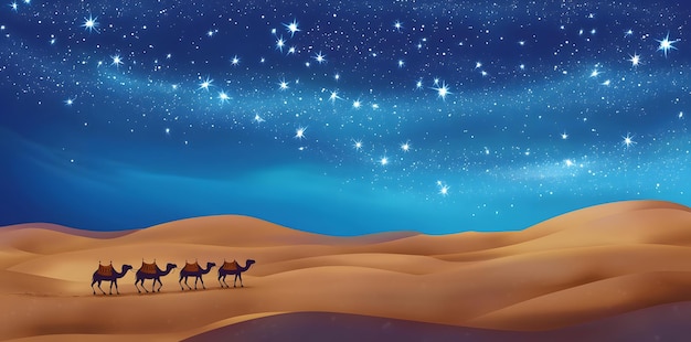 Photo arabian nightsinspired landscape showcasing a caravan traversing the mystical desert